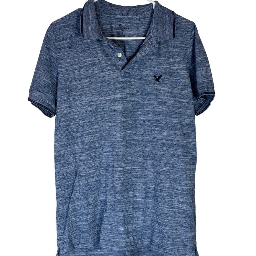 American Eagle Polo Mens Medium Blue Flex Classic Fit Heathered Short Sleeve